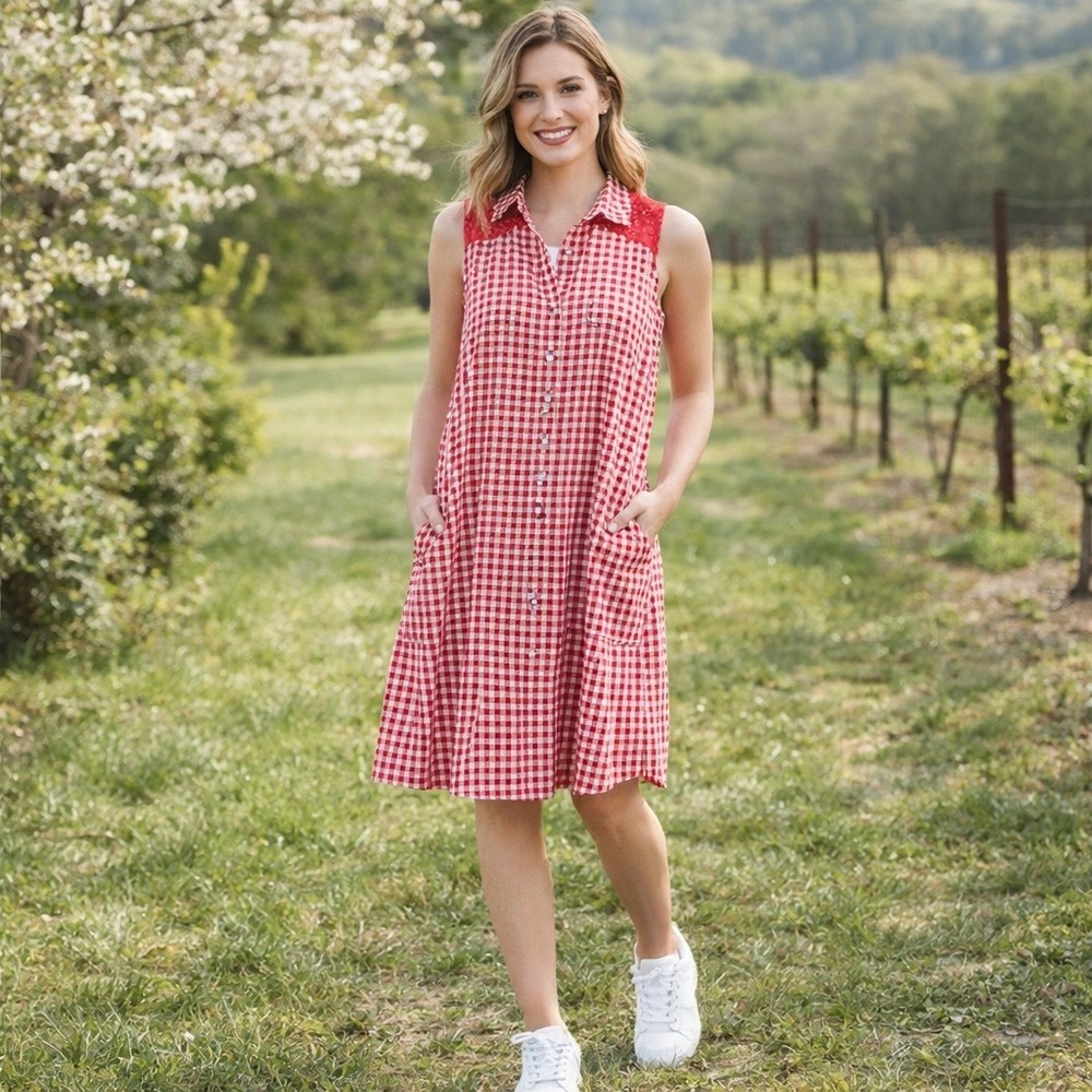 NWTS Old Ranch Dove Dress Rose Red Gingham Crochet Lace Sleeveless Pockets M